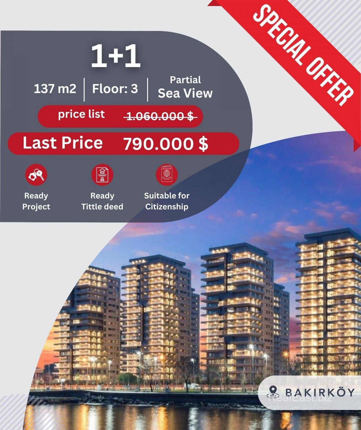 Stylish 1+1 Apartment with Sea View in Bakırköy, Istanbul